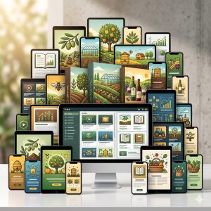 Ψηφιακό mockup με οθόνες και πακέτα που απεικονίζουν γεωπονικά σεμινάρια, μελισσοκομία, ελαιοκομία και ebooks του Agronomist.gr